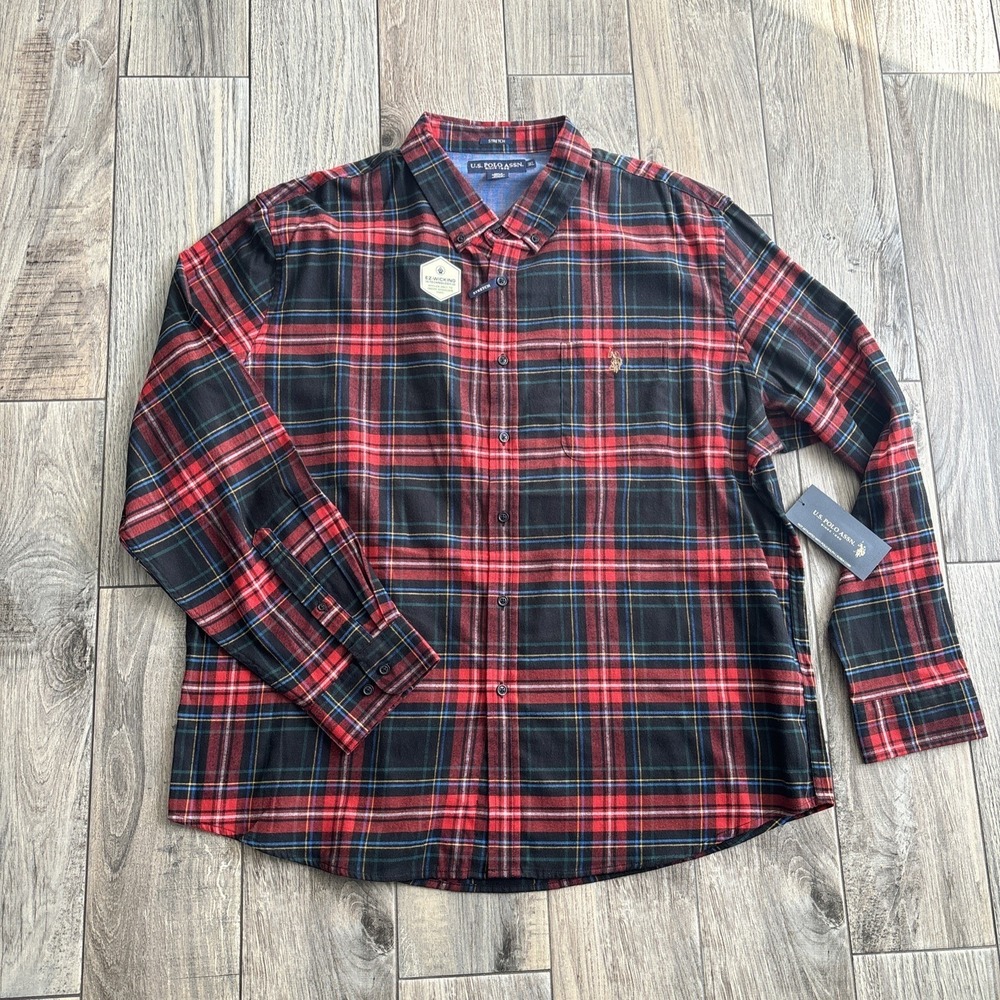 US Polo Assn Shirt 3XL Red Plaid Stretch EZ-Wicking‎ Button Down Long Sleeve New